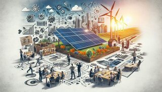 Das Bild zeigt eine kreative Darstellung nachhaltiger Technologien mit Solarzellen, Windkraftanlagen und Menschen, die zusammenarbeiten.